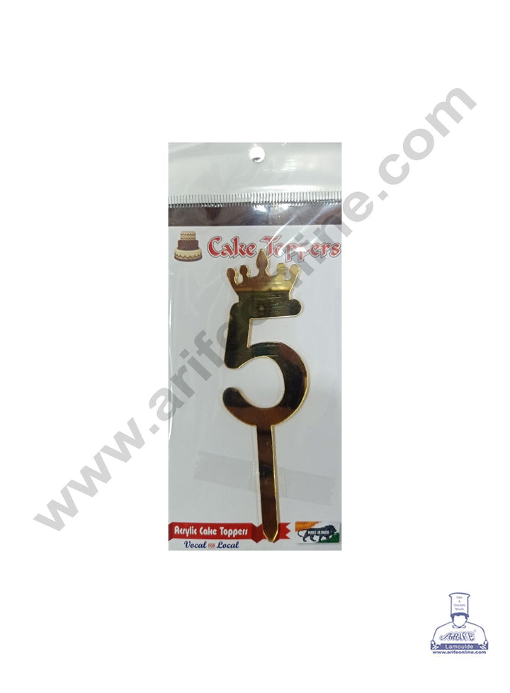 Cake Decor 5 Inch Acrylic Golden Number Toppers - Five Number With Crown