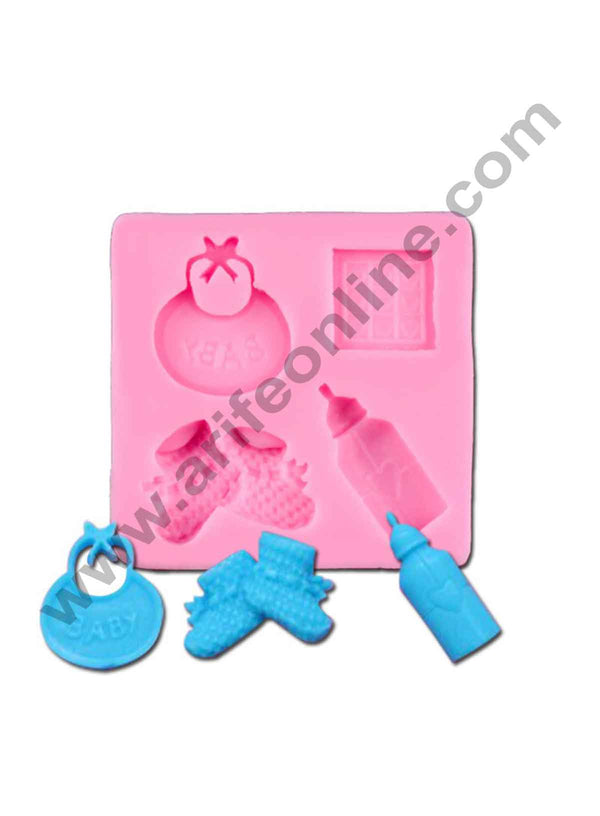 Cake Decor Silicon 4 Cavity Baby shoes Bibs Feeding bottle Silicone Fondant Mould Marzipan Mould