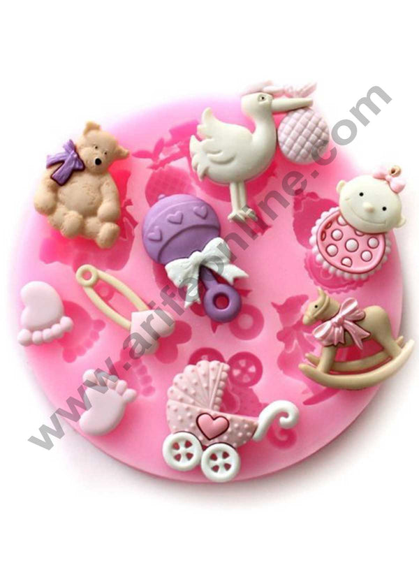 Cake Decor Silicon 9 Cavity Baby Feet Pins Teddy Bear Baby Stroller Bird Horse Cart Silicone Fondant Mould Marzipan Mould