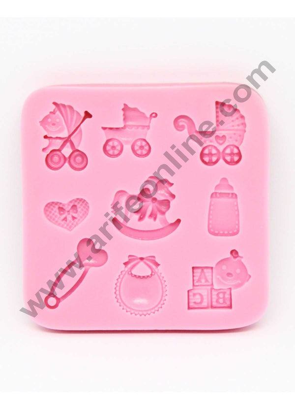 Cake Decor Silicon 9 Cavity Baby Shower  Different Baby Strollers Bottle Bibs Heart Pin  Cart Silicone Fondant Mould Marzipan Mould