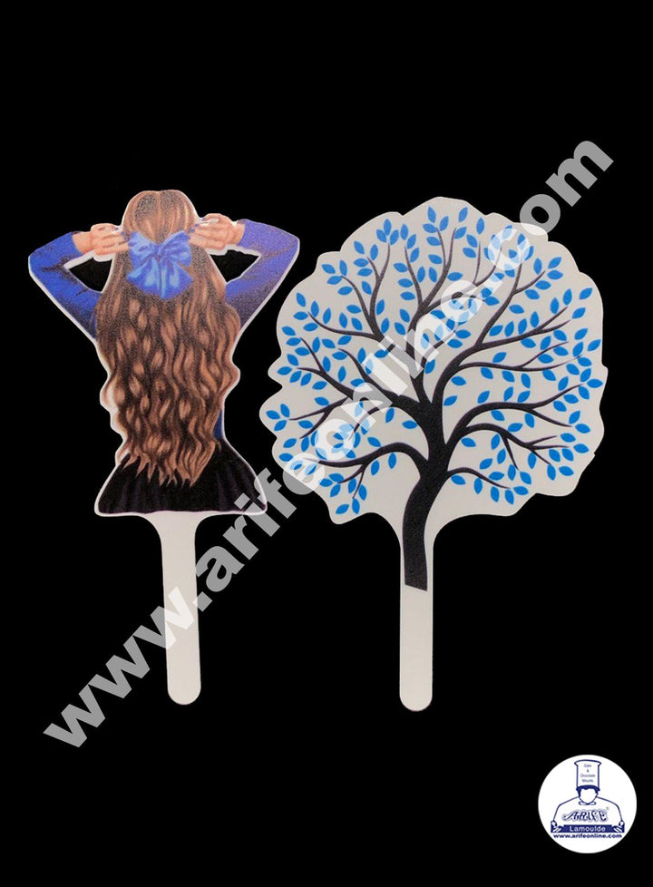 Cake Decor 6 Inches Digital Printed Cake Toppers - Blue Frock Lady With Tree