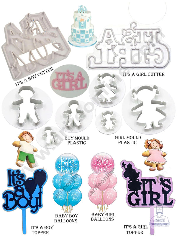 Cake Decor Boys & Girls COMBO It's a Boy Cutter , It's a Girl Cutter , 3 Pieces Plastic Boy Mould , 3 Pieces Plastic Girl Mould , Its a Boy Topper , Its a Girl Topper , Baby Boy Balloon & Baby Girl Balloons