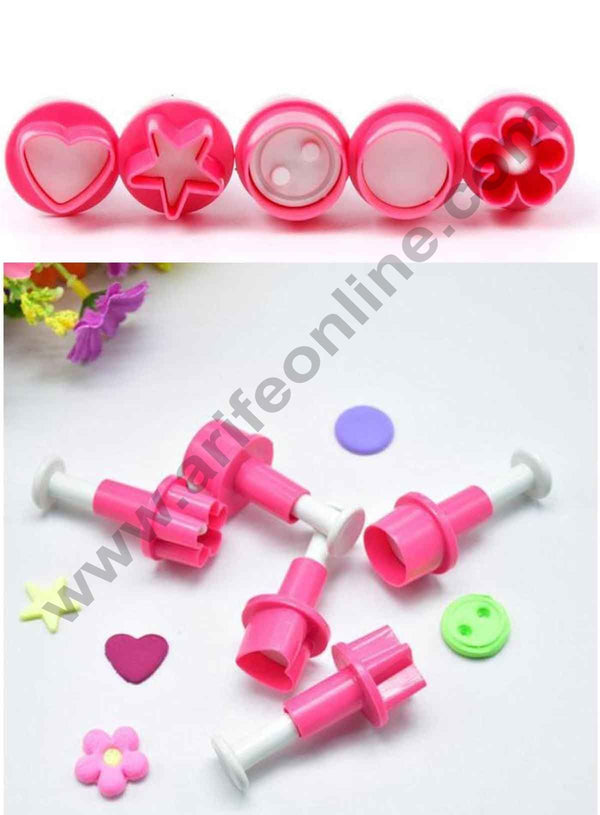 Cake Decor 5Pcs Impression Pop-out Plunger Cutters Button Heart Star Circle Plum Flower