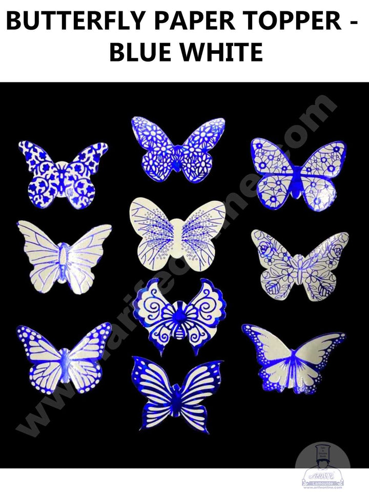 CAKE DECOR™ 10 pcs Blue White Butterfly Paper Topper For Cake And Cupcake (SBMT-PT-107)