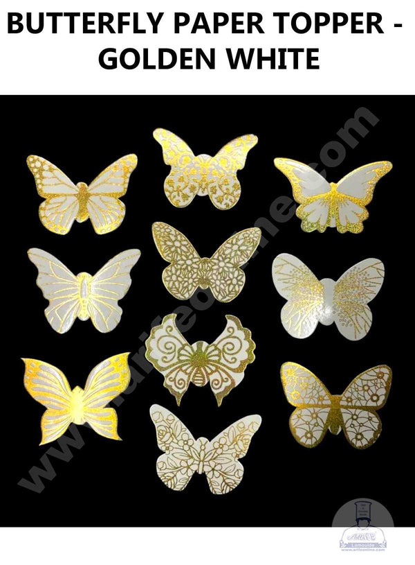 CAKE DECOR™ 10 pcs Golden White Butterfly Paper Topper For Cake And Cupcake (SBMT-PT-111)