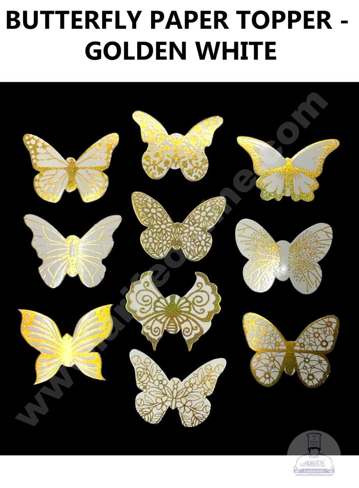 CAKE DECOR™ 10 pcs Golden White Butterfly Paper Topper For Cake And Cupcake (SBMT-PT-111)