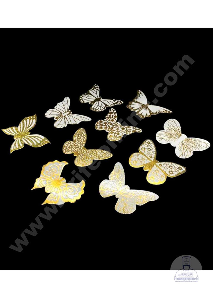 CAKE DECOR™ 10 pcs Golden White Butterfly Paper Topper For Cake And Cupcake (SBMT-PT-111)