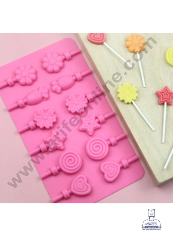 CAKE DECOR™ 12 Cavity Flower Heart Heart Shape Silicon Lollipop Mould Silicon Chocolate Mould (SBSM-853)