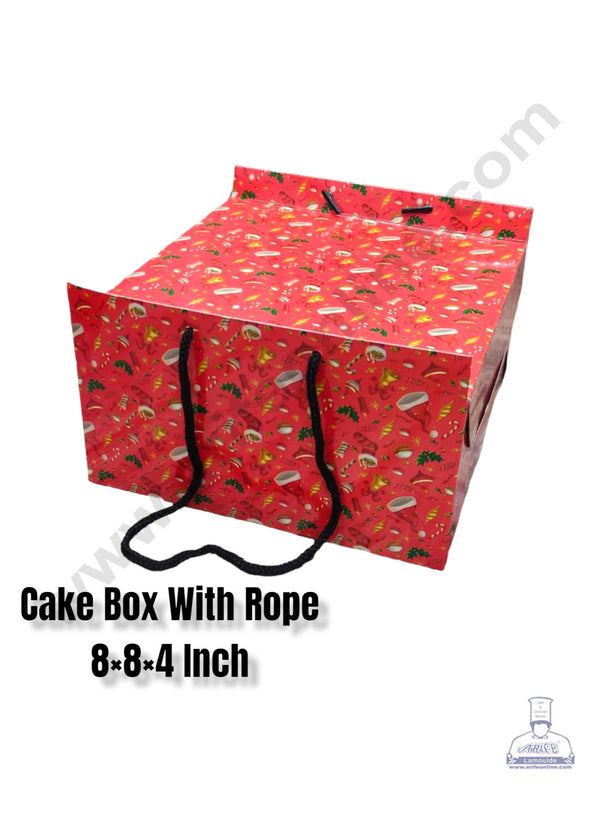 CAKE DECOR™ 1/2 kg Christmas Theme Cake Box with Rope Handle 8 x 8 x 4 Inch - Christmas Theme 1 ( Pack of 10 pcs )