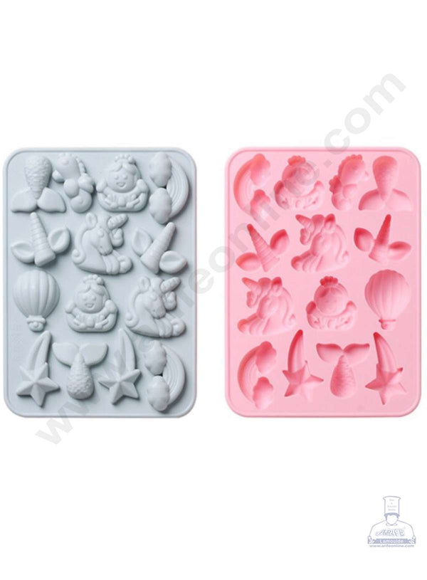 CAKE DECOR™ 14 Cavity Assorted Unicorn Mermaid Rainbow Magical Theme Silicone Mould Silicon Muffin Mold SBSM-846