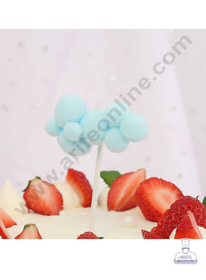 CAKE DECOR™ 2 pcs Assorted Design Blue Soft Pompom Cloud Cake Toppers For Cake and Cupcake Decoration - Blue