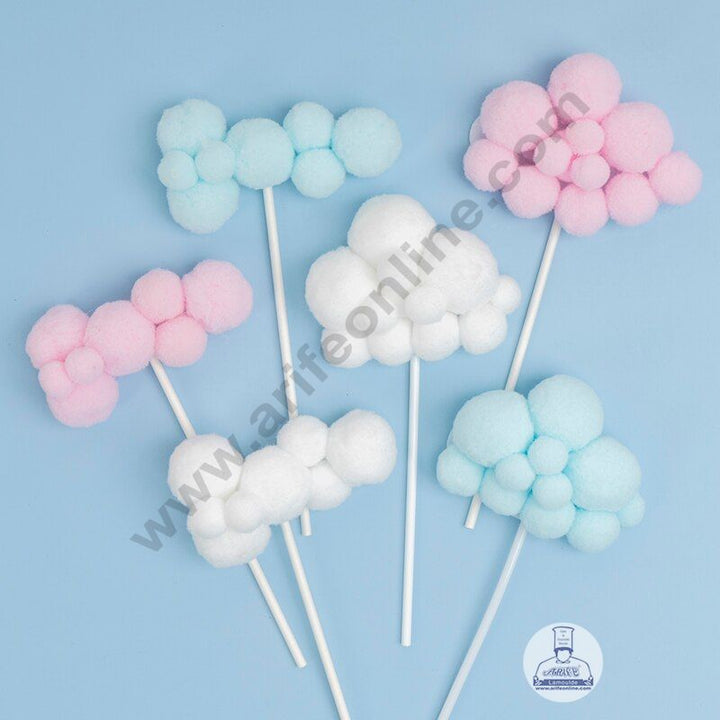 CAKE DECOR™ 2 pcs Assorted Design Blue Soft Pompom Cloud Cake Toppers For Cake and Cupcake Decoration - Blue
