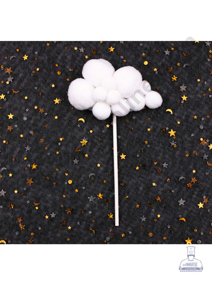 CAKE DECOR™ 2 pcs Assorted Design White Soft Pompom Cloud Cake Toppers For Cake and Cupcake Decoration - White