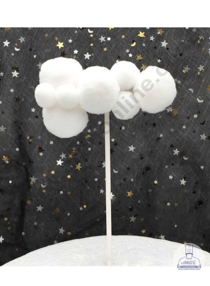 CAKE DECOR™ 2 pcs Assorted Design White Soft Pompom Cloud Cake Toppers For Cake and Cupcake Decoration - White