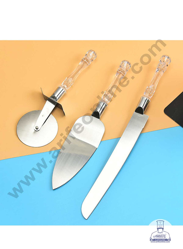 CAKE DECOR™ 3 pcs Set Multi-purpose Pizza Roller Knife Cake Knife Cake Shovel Acrylic Handle with Stainless Steel Blade Baking Supplies (SBS-232)