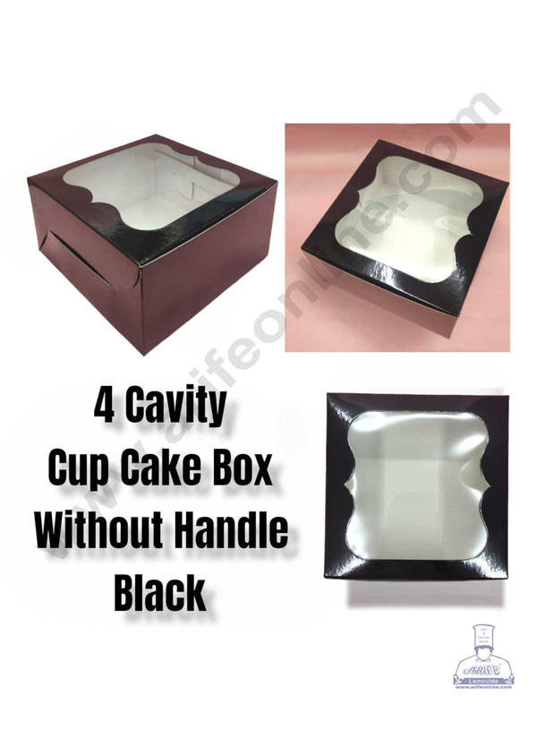 CAKE DECOR™ 4 Cavity Cupcake Black Boxes Clear Window Without Handle , Cupcake Carrier - Black ( 10 Pc Pack )