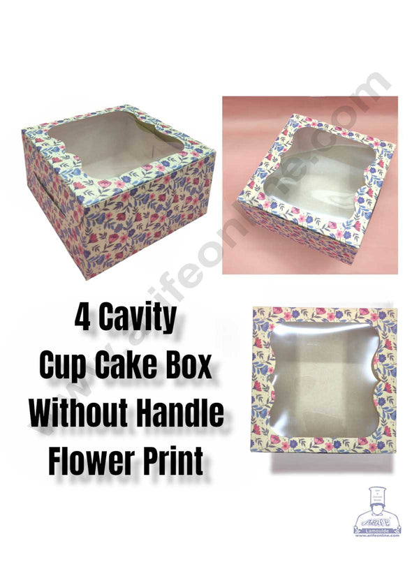 CAKE DECOR™ 4 Cavity Cupcake Printed Boxes Clear Window Without Handle , Cupcake Carrier - Printed ( 10 Pc Pack )
