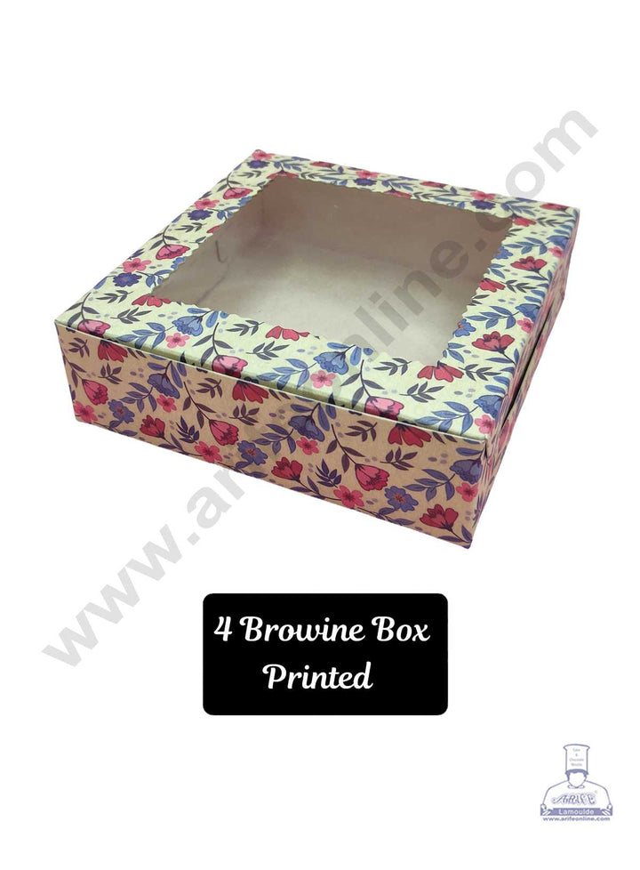 CAKE DECOR™ 4 Cavity Printed Brownie Boxes with Clear Window, Brownie Carriers - Printed ( 10 Pcs Pack )