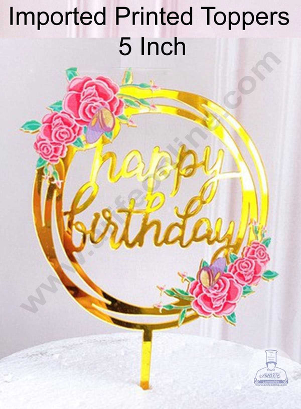CAKE DECOR™ 5 Inch Imported Printed Cake and Cupcake Topper - Happy Birthday Round Floral Theme (SBMT-IMP-011)