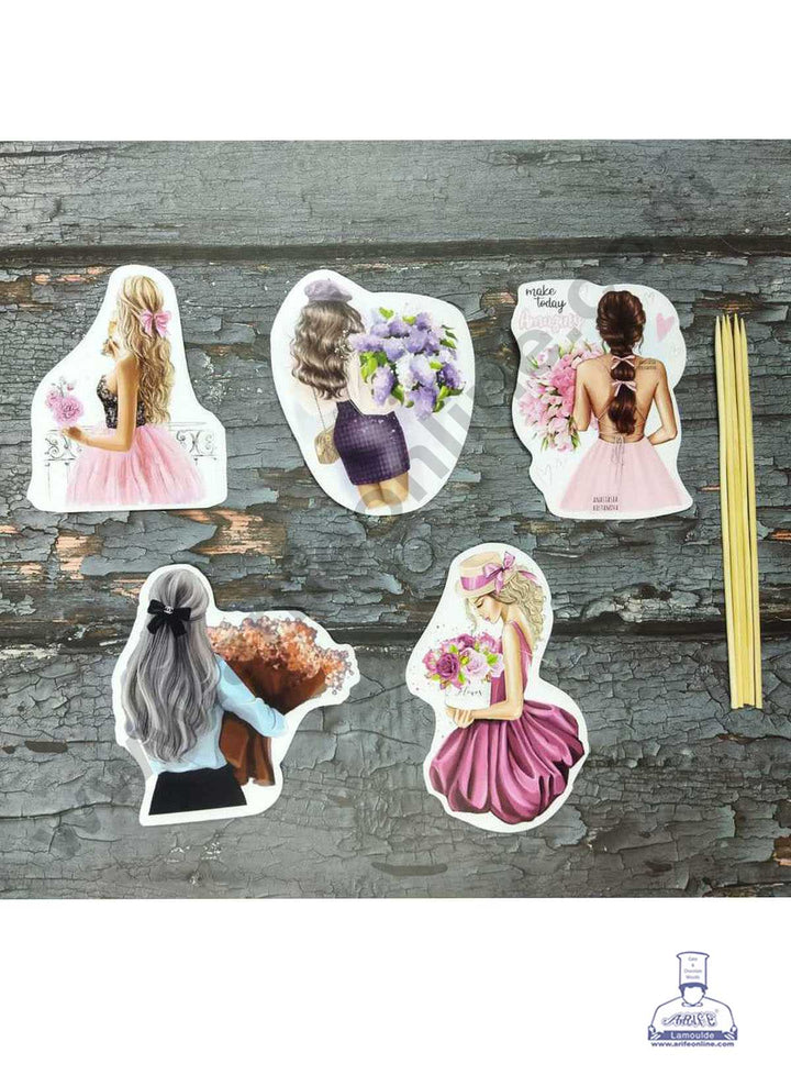 CAKE DECOR™ 5 pcs Lady With Flowers Theme Paper Topper For Cake And Cupcake (SBMT-PT-099)