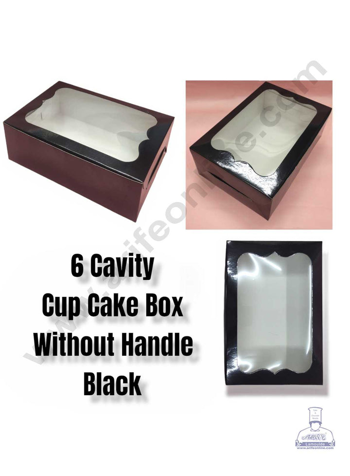 CAKE DECOR™ 6 Cavity Cupcake Black Boxes Clear Window Without Handle , Cupcake Carrier - Black ( 10 Pc Pack )