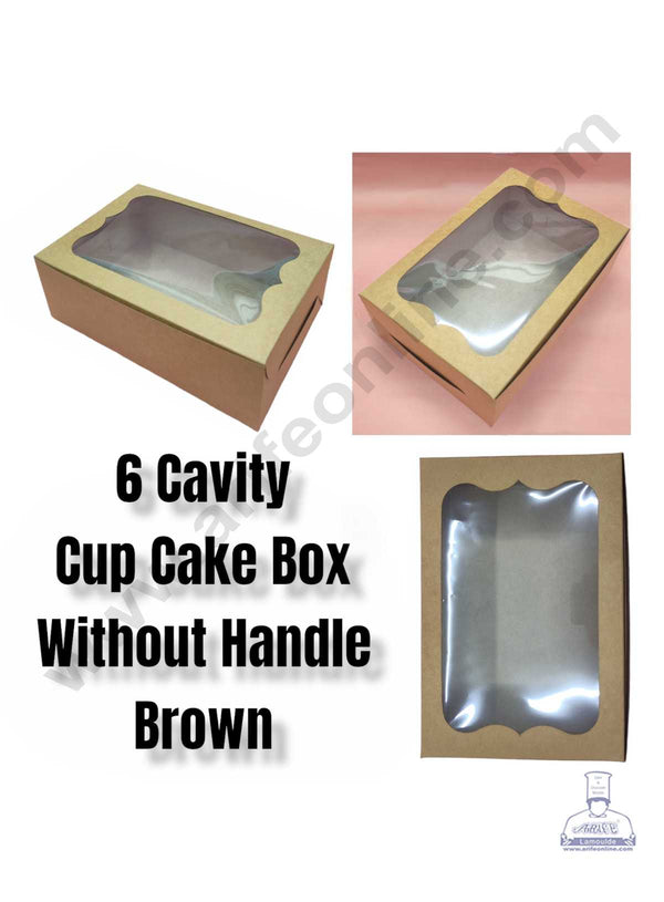 CAKE DECOR™ 6 Cavity Cupcake Kraft Boxes Clear Window Without Handle , Cupcake Carrier - Kraft ( 10 Pc Pack )