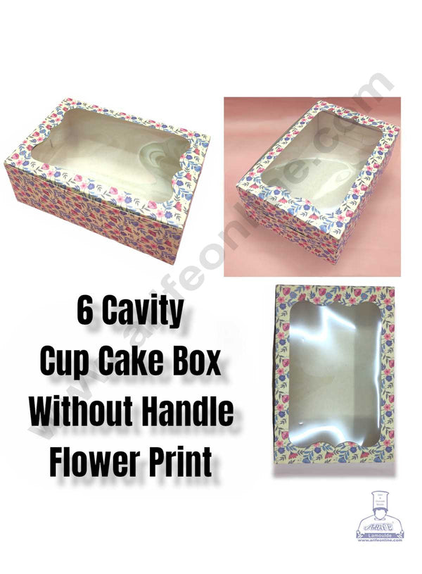 CAKE DECOR™ 6 Cavity Cupcake Printed Boxes Clear Window Without Handle , Cupcake Carrier - Printed ( 10 Pc Pack )