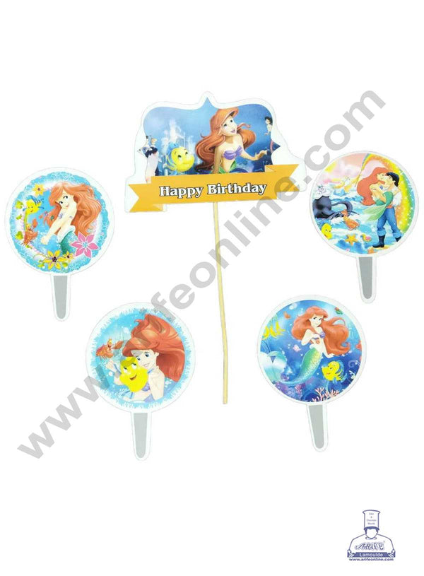 CAKE DECOR™ 6 pcs Happy Birthday The Little Mermaid Theme Paper Topper For Cake And Cupcake (SBMT-PT-103)