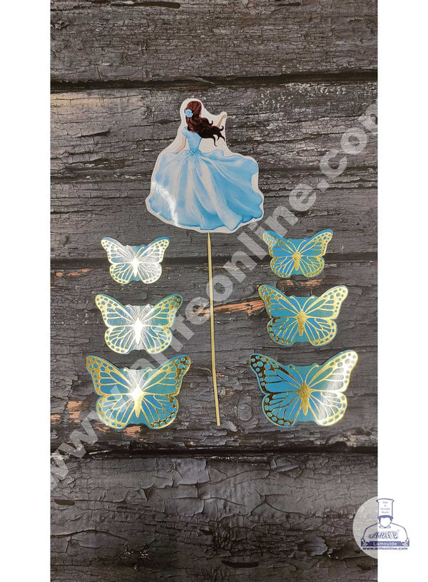 CAKE DECOR™ 7 pcs Blue Lady with Butterfly Theme Paper Topper For Cake And Cupcake SBMT-PT-094