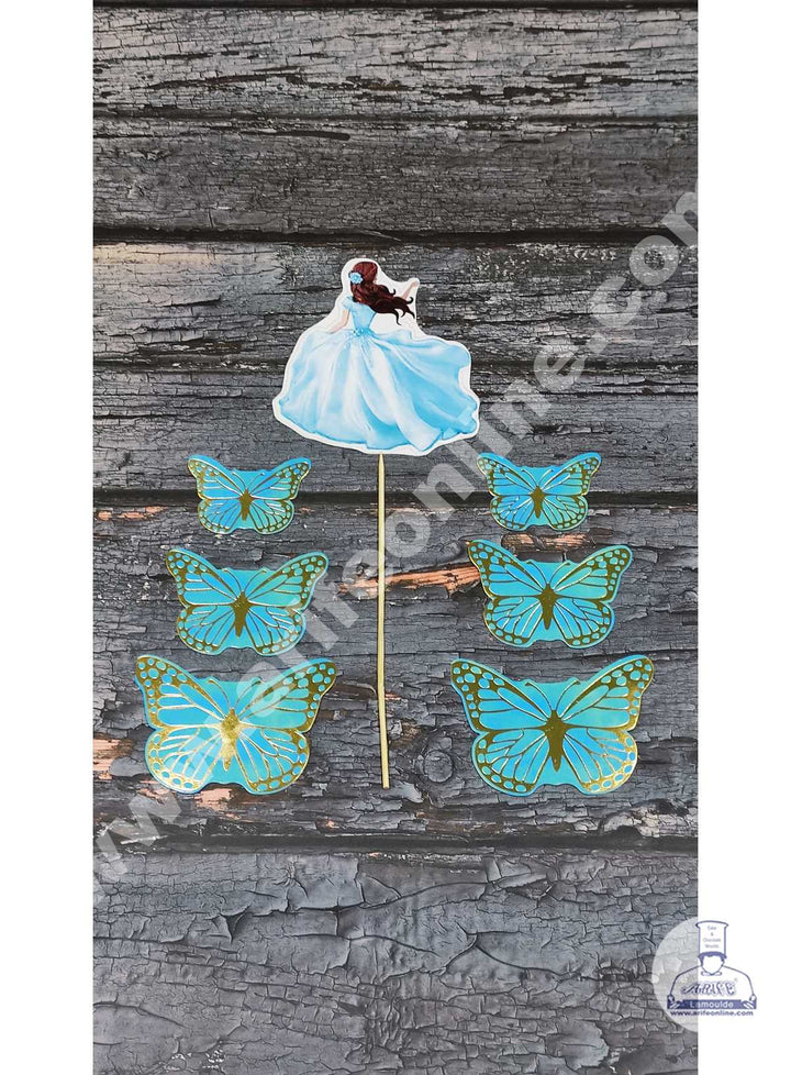 CAKE DECOR™ 7 pcs Blue Lady with Butterfly Theme Paper Topper For Cake And Cupcake SBMT-PT-094