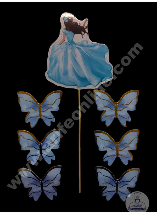 CAKE DECOR™ 7 pcs Blue Lady with Butterfly Theme Paper Topper For Cake And Cupcake SBMT-PT-112