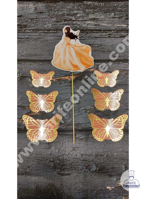 CAKE DECOR™ 7 pcs Orange Lady with Butterfly Theme Paper Topper For Cake And Cupcake SBMT-PT-093
