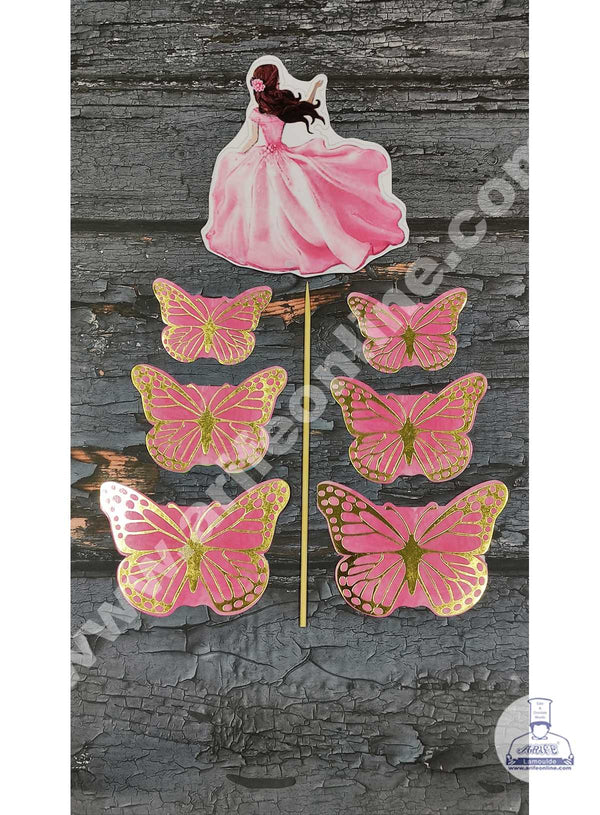 CAKE DECOR™ 7 pcs Pink Lady with Butterfly Theme Paper Topper For Cake And Cupcake SBMT-PT-091