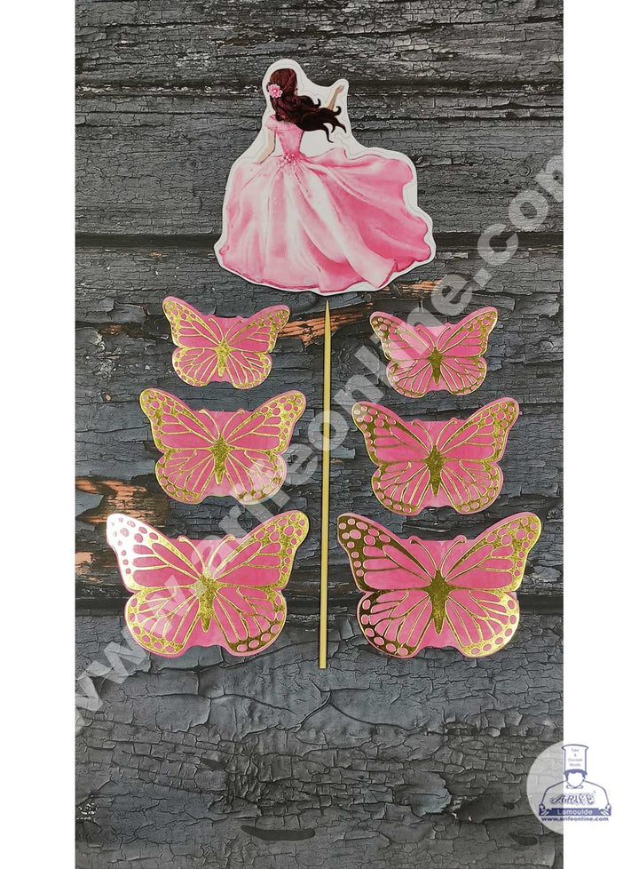 CAKE DECOR™ 7 pcs Pink Lady with Butterfly Theme Paper Topper For Cake And Cupcake SBMT-PT-091