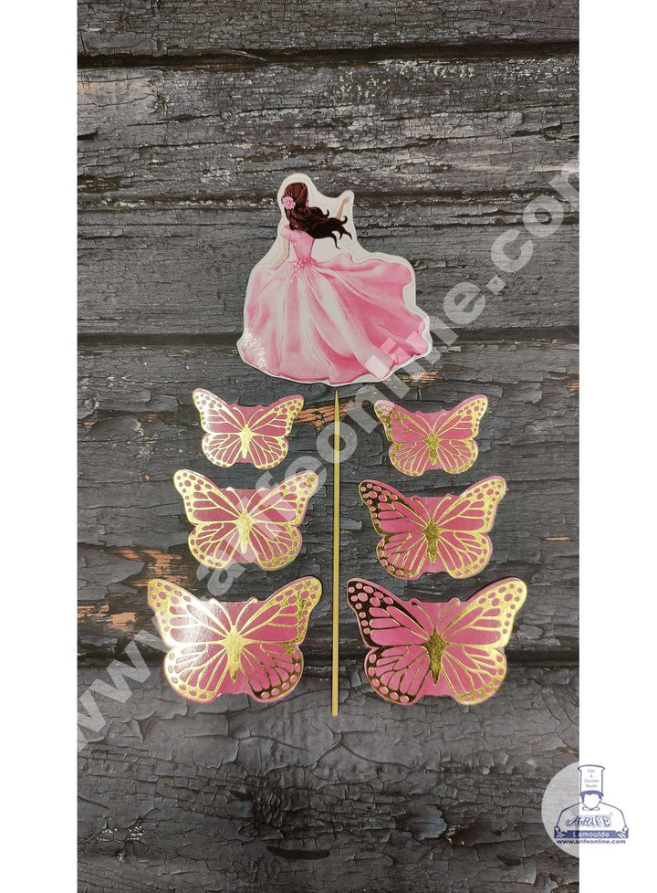 CAKE DECOR™ 7 pcs Pink Lady with Butterfly Theme Paper Topper For Cake And Cupcake SBMT-PT-091