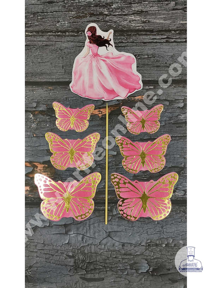 CAKE DECOR™ 7 pcs Pink Lady with Butterfly Theme Paper Topper For Cake And Cupcake SBMT-PT-091