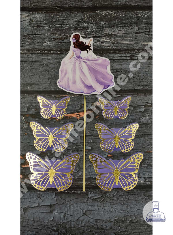 CAKE DECOR™ 7 pcs Purple Lady with Butterfly Theme Paper Topper For Cake And Cupcake SBMT-PT-092