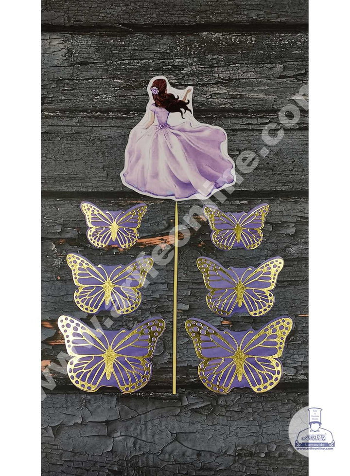 CAKE DECOR™ 7 pcs Purple Lady with Butterfly Theme Paper Topper For Cake And Cupcake SBMT-PT-092