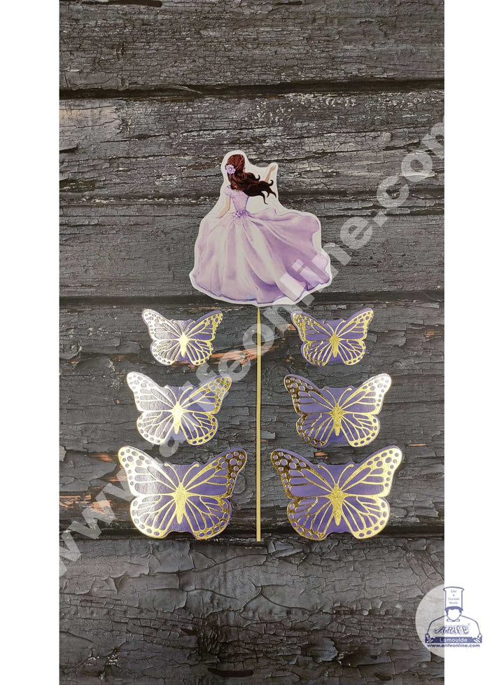 CAKE DECOR™ 7 pcs Purple Lady with Butterfly Theme Paper Topper For Cake And Cupcake SBMT-PT-092