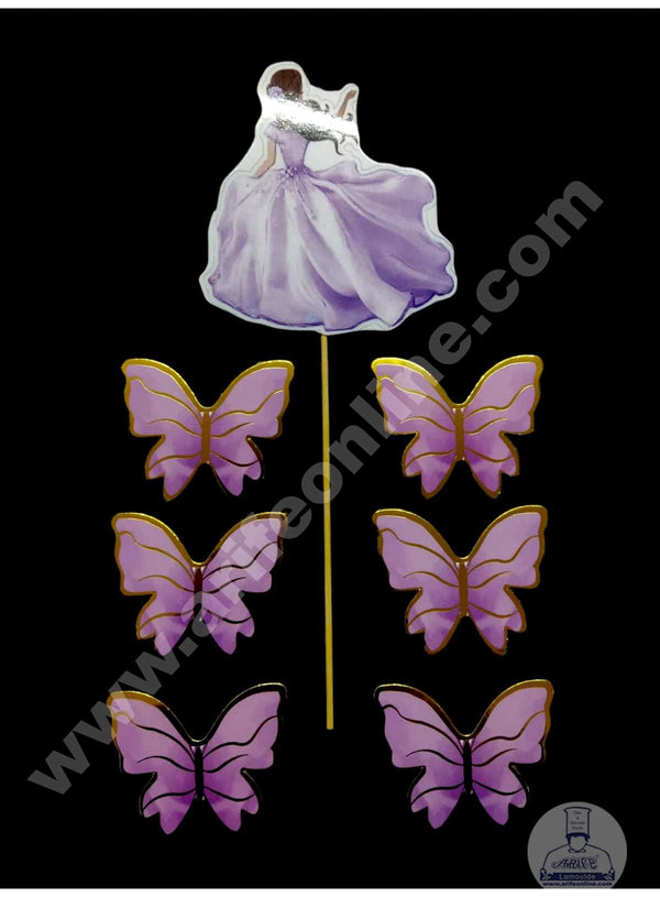 CAKE DECOR™ 7 pcs Purple Lady with Butterfly Theme Paper Topper For Cake And Cupcake SBMT-PT-114