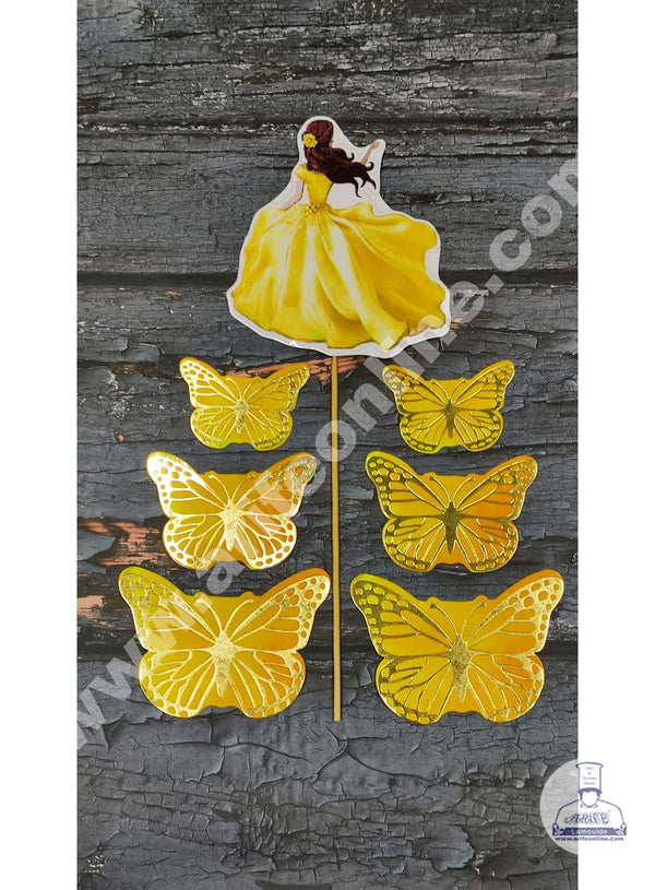 CAKE DECOR™ 7 pcs Yellow Lady with Butterfly Theme Paper Topper For Cake And Cupcake SBMT-PT-090