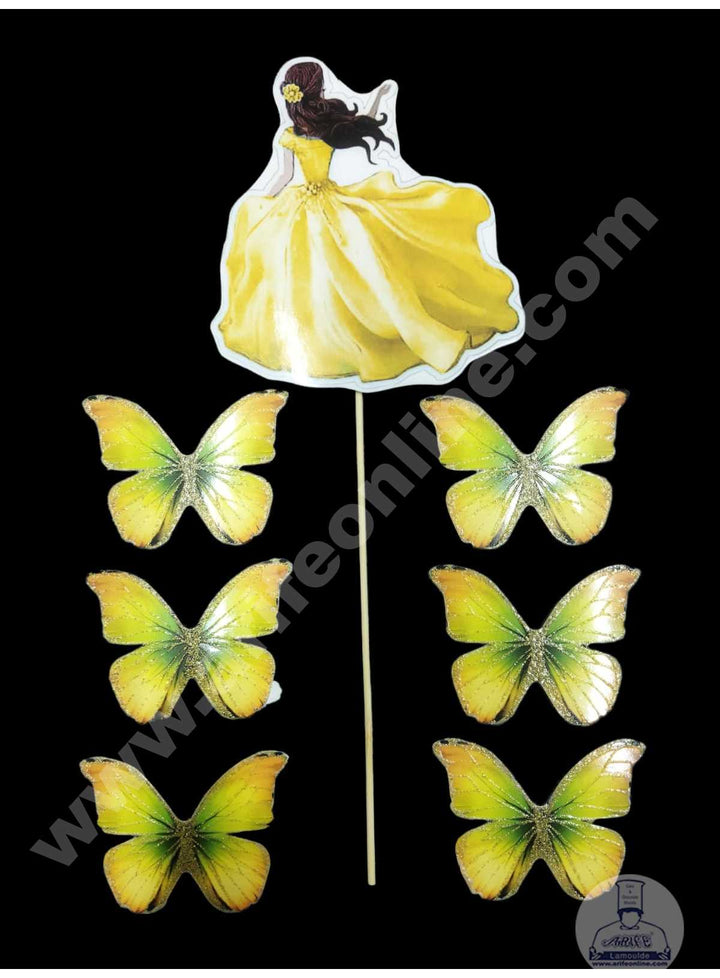CAKE DECOR™ 7 pcs Yellow Lady with Butterfly Theme Paper Topper For Cake And Cupcake SBMT-PT-115