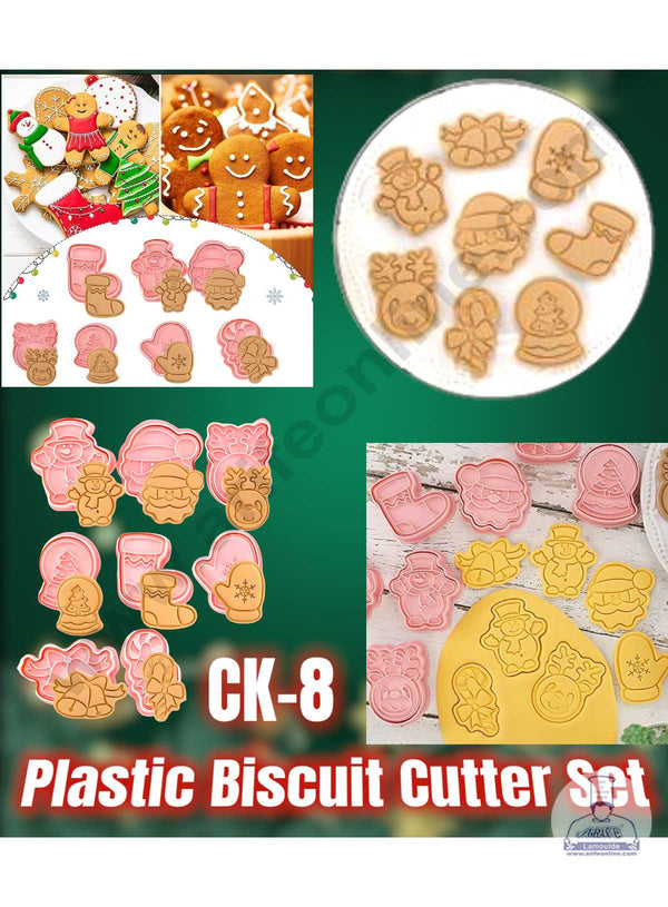 CAKE DECOR™ 8 Pcs Christmas Theme Plastic Biscuit Cutter 3D Cookie Cutter ( SBCK-08 )