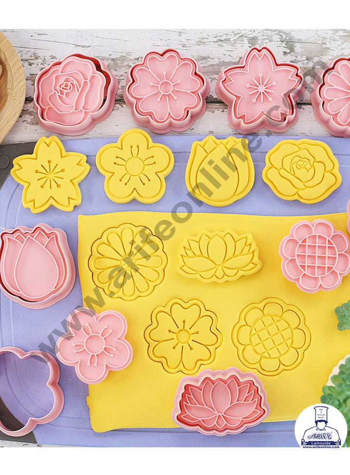 CAKE DECOR™ 8 Pcs Flowers Plastic Biscuit Cutter 3D Cookie Cutter ( SBCK-14 )