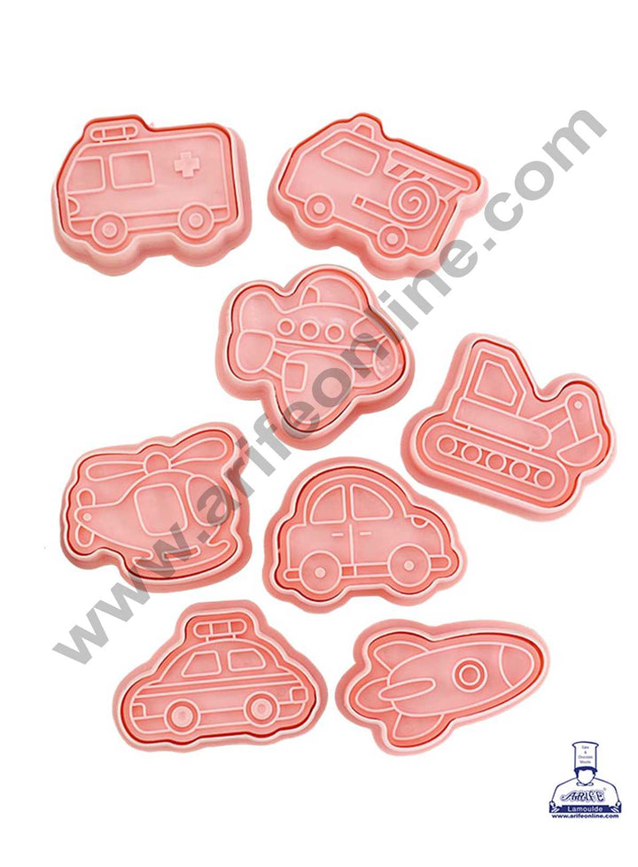 CAKE DECOR™ 8 Pcs Transport Vehicles Plastic Biscuit Cutter 3D Cookie Cutter ( SBCK-13 )