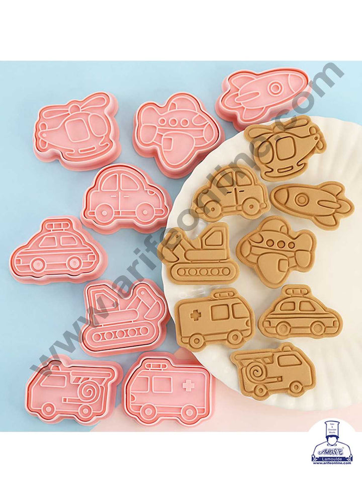 CAKE DECOR™ 8 Pcs Transport Vehicles Plastic Biscuit Cutter 3D Cookie Cutter ( SBCK-13 )