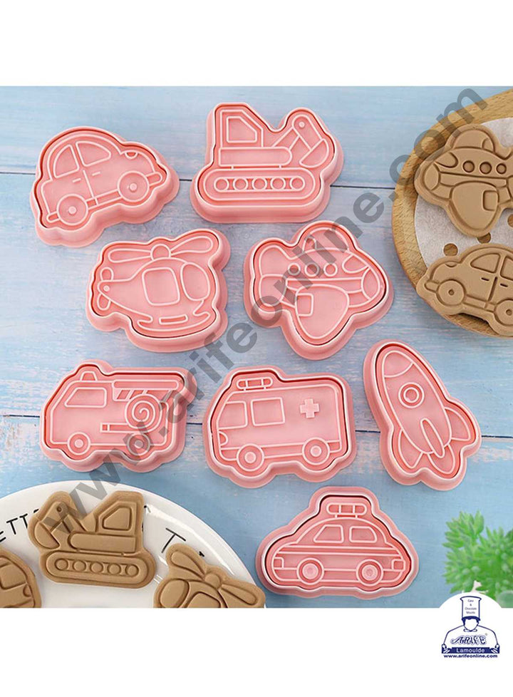 CAKE DECOR™ 8 Pcs Transport Vehicles Plastic Biscuit Cutter 3D Cookie Cutter ( SBCK-13 )