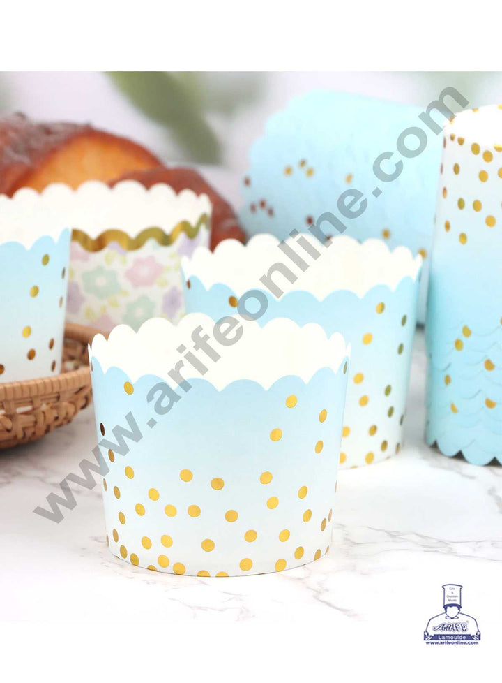 CAKE DECOR™ Big Blue White with Golden Dots Deep Muffin Cupcake Liners (50Pcs Pack)
