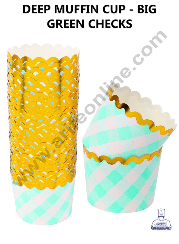 CAKE DECOR™ Big Green White Checks with Golden Border Deep Muffin Cupcake Liners (50Pcs Pack)
