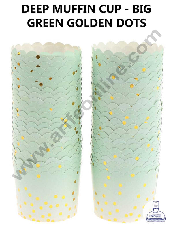 CAKE DECOR™ Big Green White with Golden Dots Deep Muffin Cupcake Liners (50Pcs Pack)